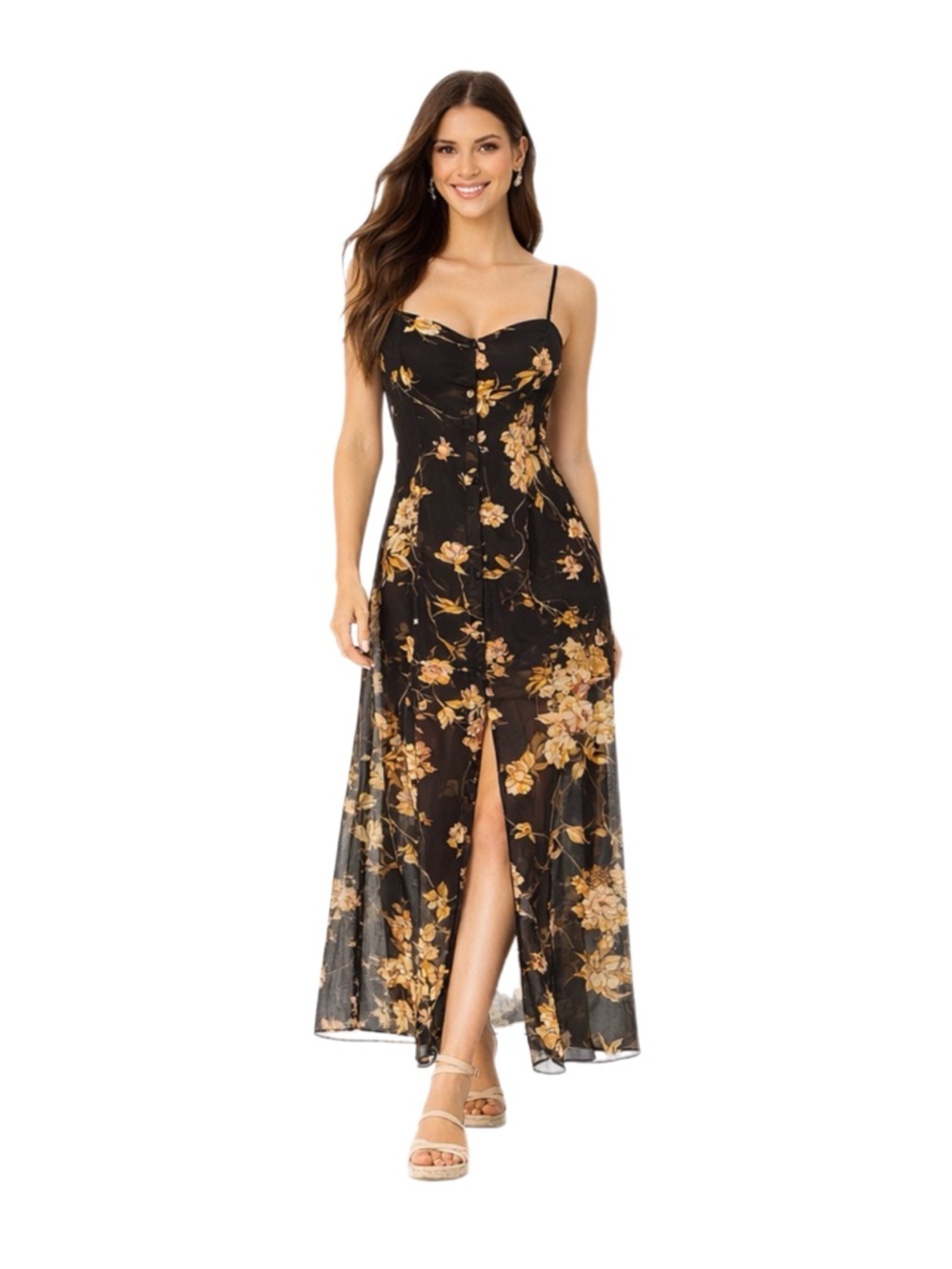 BLACK FLORAL BUTTON FRONT MAXI